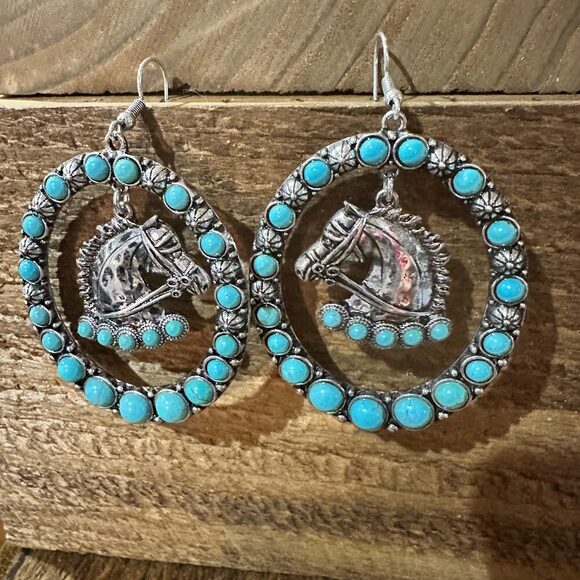 Boho Vibrant Turquoise Horse Estuarian Charm Statement Earrings , Gift Box - Picture 4 of 11